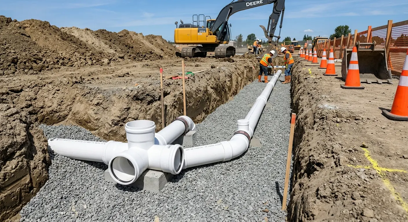 New PVC sewer pipe installation in open trench for Sewer Backup in Town 'n' Country