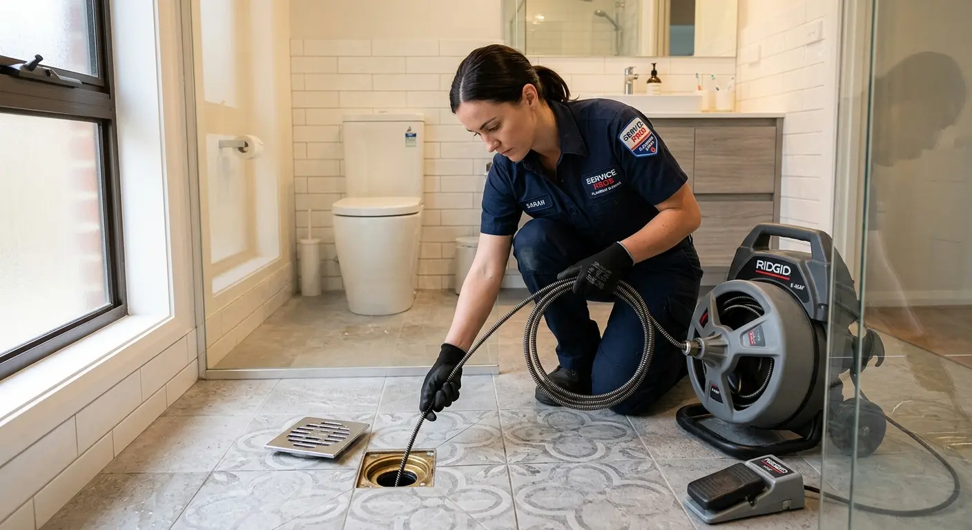 Technician clearing a bathroom floor drain for Sewer Line Replacement in Town 'n' Country